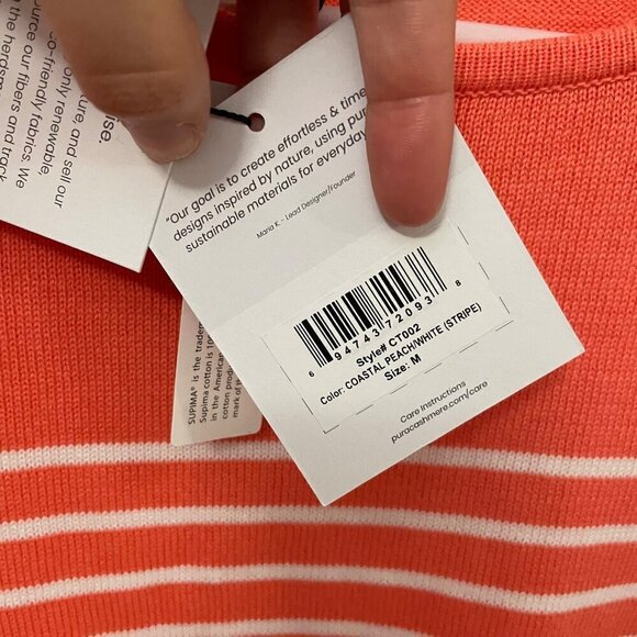 NWT Pura Cashmere Classic Breton Crew Coastal Peach/ White Stripe Sweater Size M - Picture 5 of 8